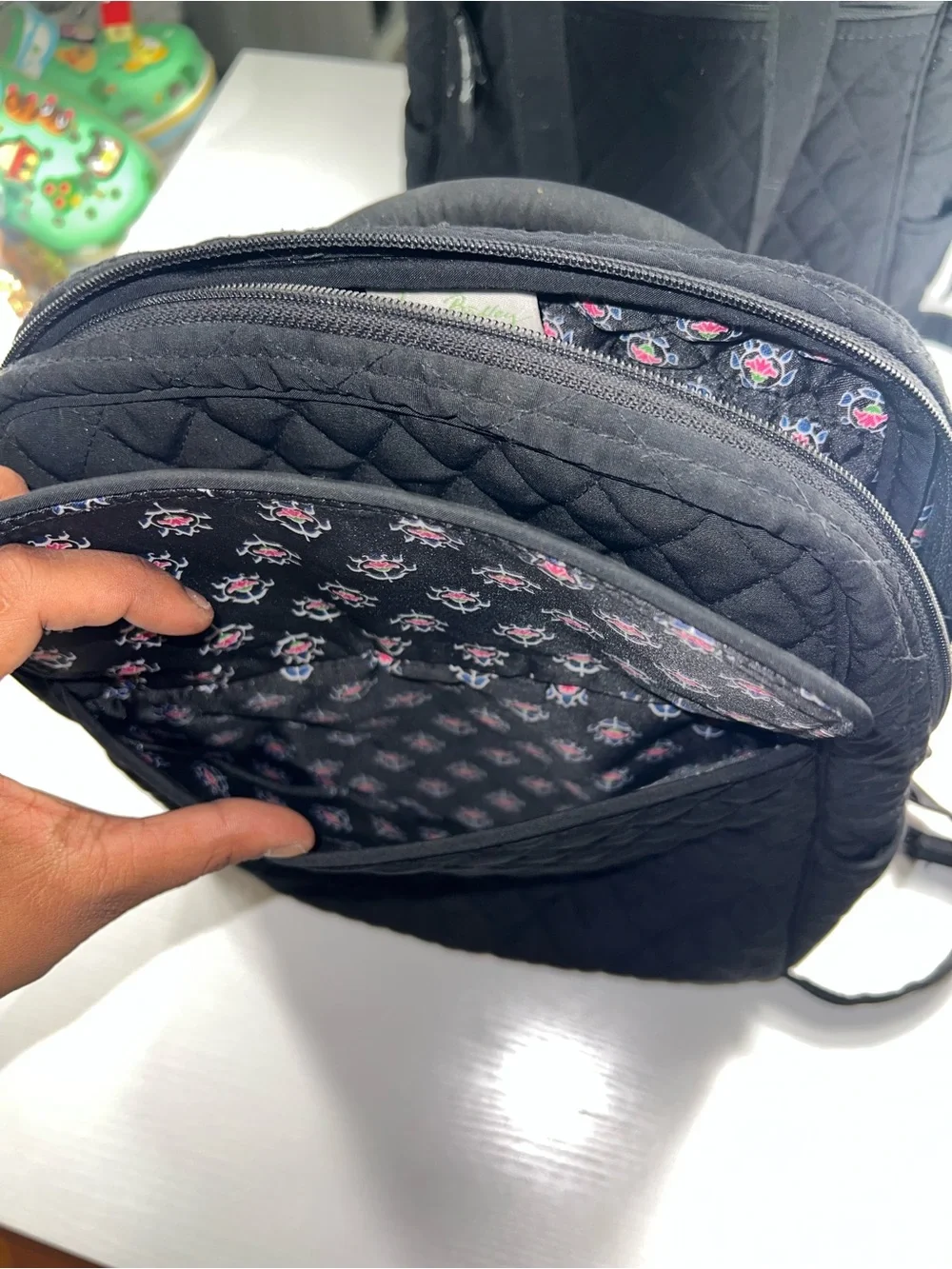 Vera Bradley Black Quilted Backpack with Floral Interior